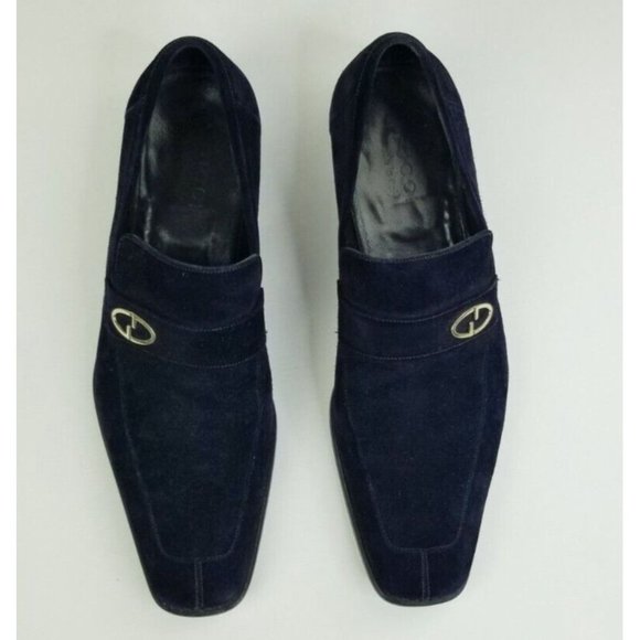 Gucci 7.5D Men s Black Suede Leather Slip On Metal Logo Strap Square Toe Loafers main image 12